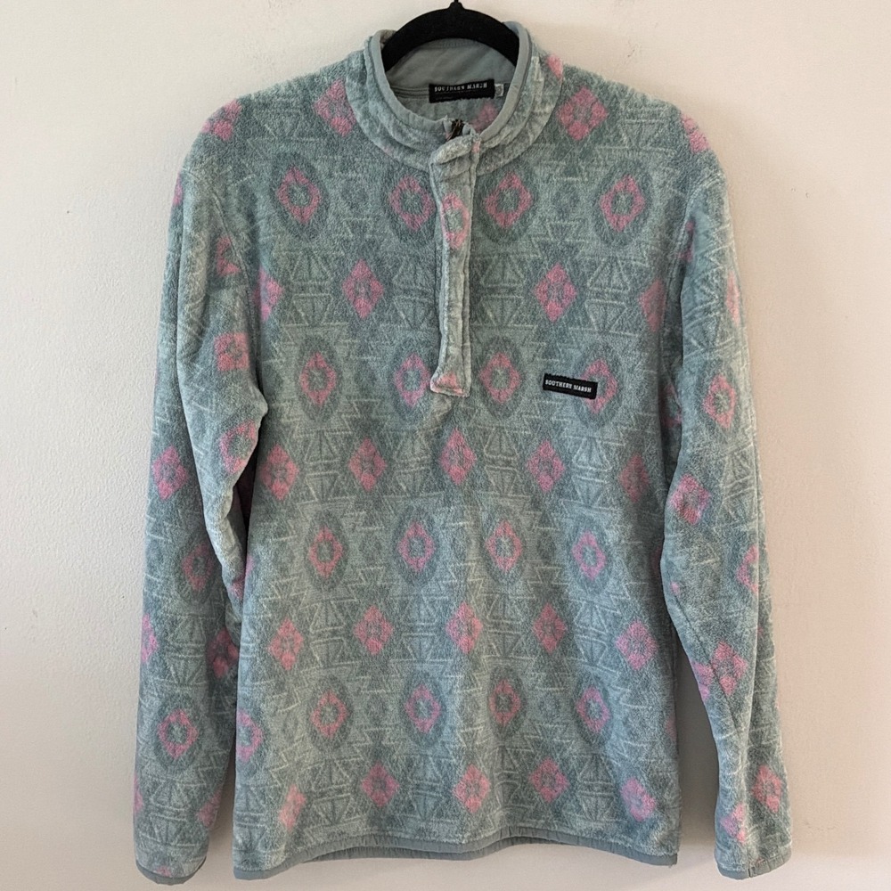 Southern Marsh Womens Quarter Zip Fleece Pullover Green Pink Aztec Geometric S
